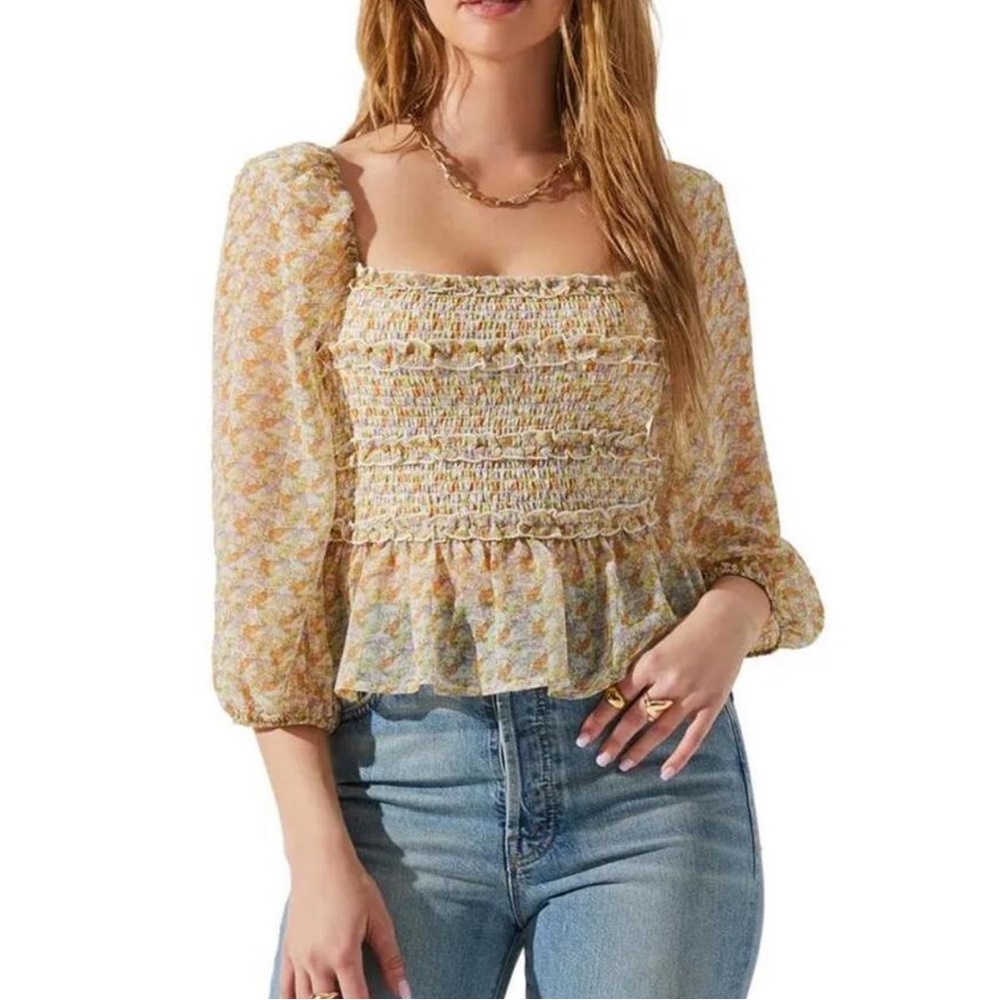 ASTR The Label Light Floral Smocked Square Neck + Tie Back Blouse